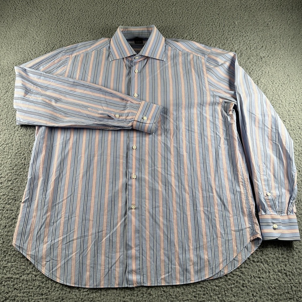 Isaia Shirt Mens 17.5 Blue 100% Cotton Striped Dress Spread Collar Made Italy